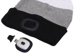 Čepice s čelovkou 180lm, nabíjecí, USB, univerzální velikost, bavlna/PE, černá/šedá/bílá
