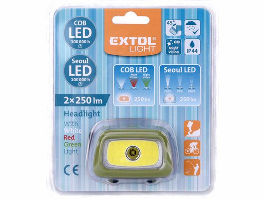 Čelovka 250lm+250lm, 250lm Seoul LED, 250lm COB LED, červené/zelené světlo pro noční viděn