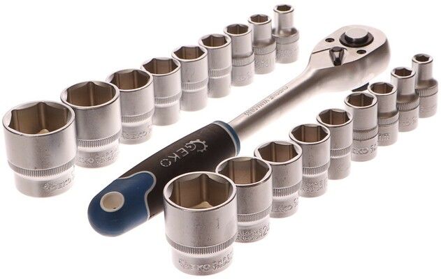 Hlavice nástrčné + ráčna 1/2", sada 19ks, 8-32 mm, CrV ocel