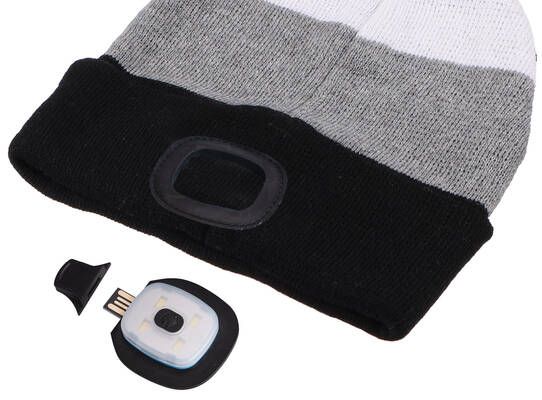 Čepice s čelovkou 180lm, nabíjecí, USB, univerzální velikost, bavlna/PE, černá/šedá/bílá