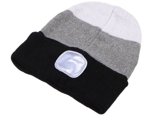 Čepice s čelovkou 180lm, nabíjecí, USB, univerzální velikost, bavlna/PE, černá/šedá/bílá