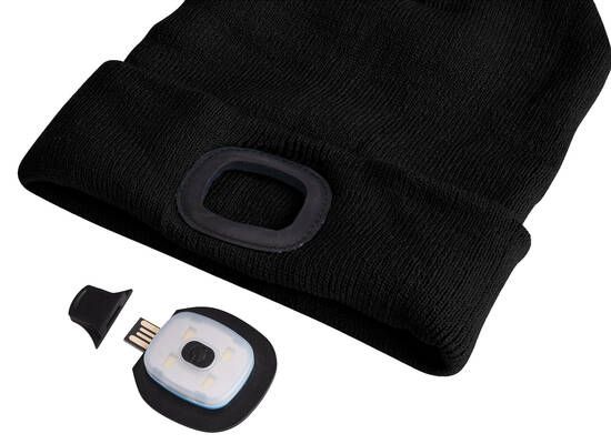 Čepice s čelovkou 180lm, nabíjecí, USB, univerzální velikost, bavlna/PE, černá s bambulkou