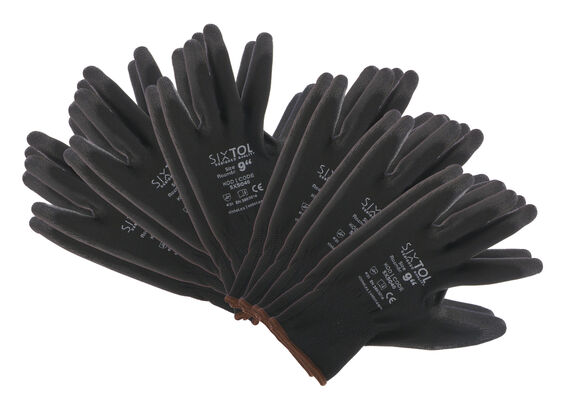 Rukavice pracovní z polyesteru polomáčené v PU GLOVE PE-PU 9, černé, vel 9", 6 párů
