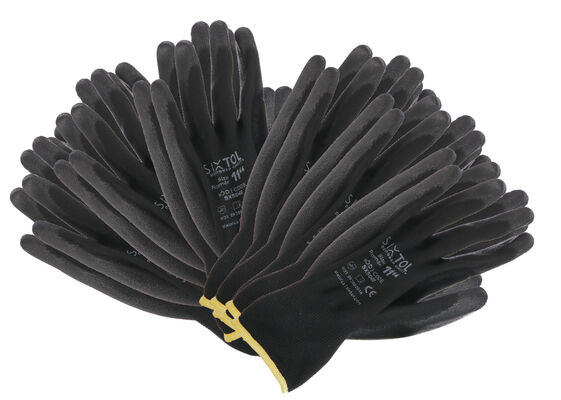 Rukavice pracovní z polyesteru polomáčené v PU GLOVE PE-PU 11, černé, vel 11", 6 párů