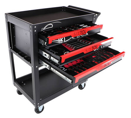 Dílenský vozík s nářadím MECHANIC TROLLEY JASON 115, 3 šuplíky, 1 police, 115 ks nářadí