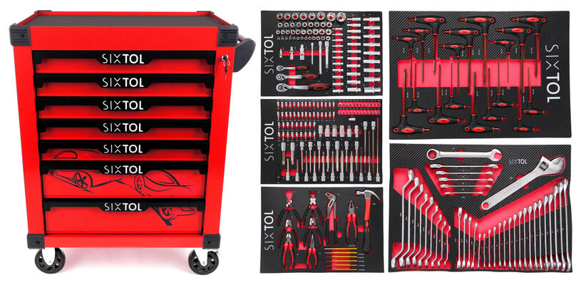 Dílenský vozík na nářadí MECHANIC TROLLEY KEVIN RED 253, 7 šuplíků, 253 ks nářadí